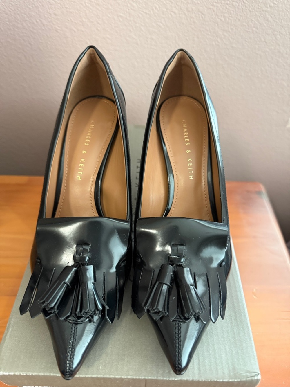 Brand new Charles & Keith Black Patent Tassel Fringe Pointed Pumps